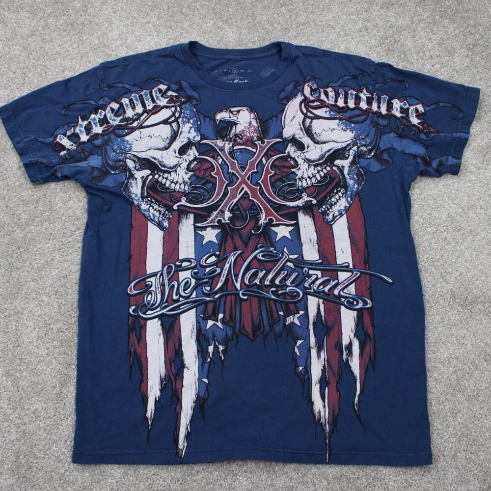 Xtreme Couture Shirt Mens XL Blue Double Sided Randy Couture Short Sleeve Cotton